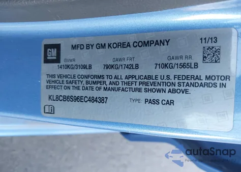 2014 Chevrolet Spark Ls Auto из США, поврежденный, VIN KL8CB6S96EC484387